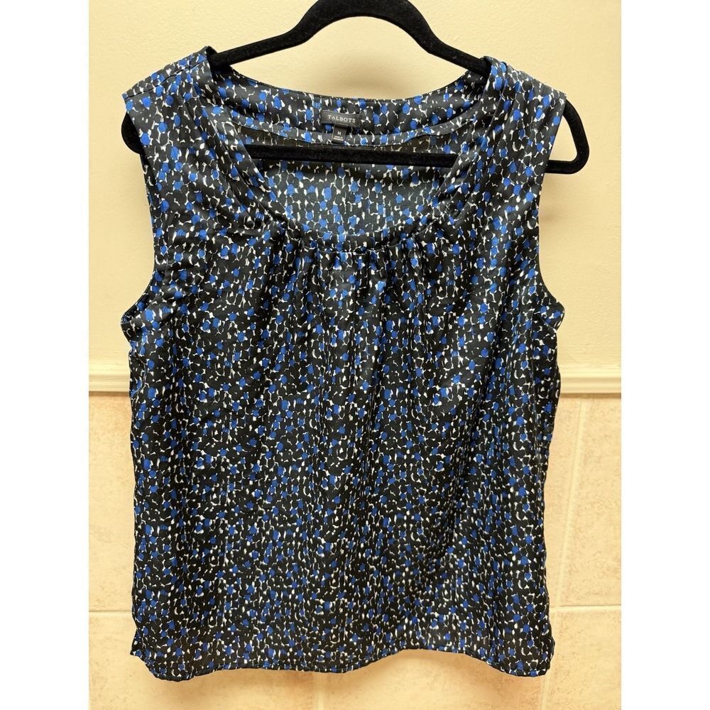 Talbots black blue and white abstract‎ print pleated top. Womens. Sz M - Picture 2 of 6